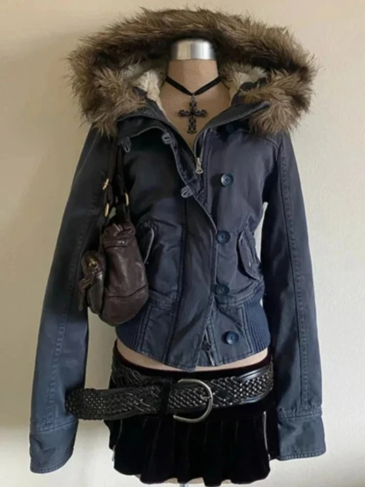 Subkultur Harajuku Vintage Safari Mäntel mit Kapuze Frauen Reißverschluss Sweatshirts Casual Streetwear Grunge Jacke Y2k Stehkragen