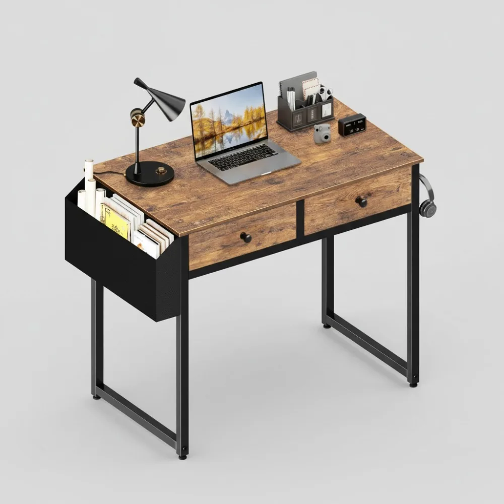 

Компактный 31-дюймовый компьютерный стол с 2 ящиками, коричневый учебный стол в деревенском стиле для небольших помещений и домашнего офиса