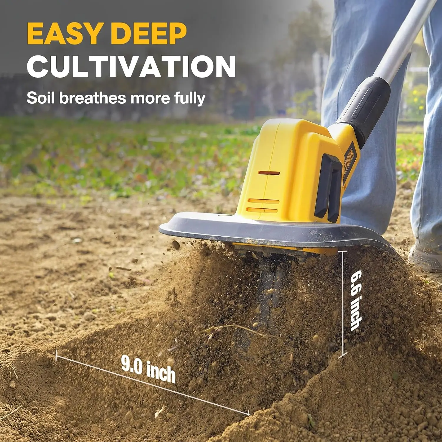 Cordless Garden Tiller Cultivator, 20V Electric Rototiller 360RPM with Two 4.0Ah Batteries and Charger, 9-Inch Tilling Width, 6.6-Inch Tilling Depth, for Lawn, Gardening and Soil Cultivation