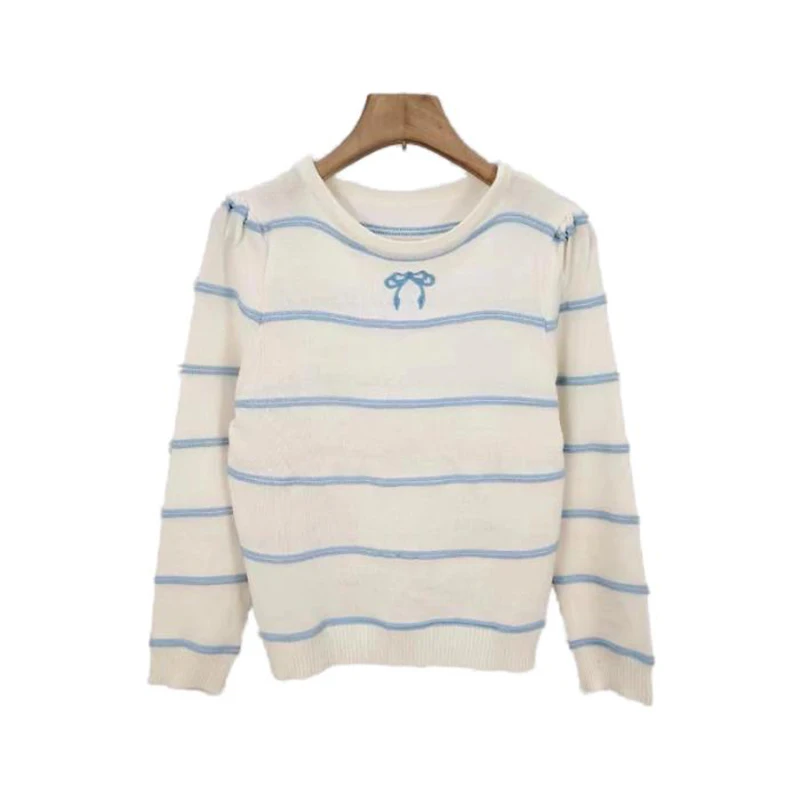 Korean Sweet Striped Bow Embroidered Round Neck Long Sleeve Knitted Sweater For Women