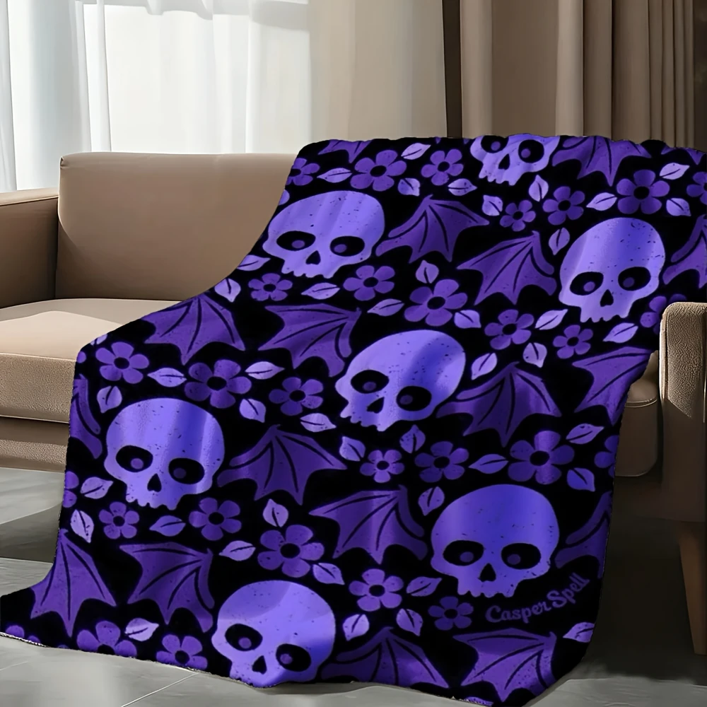 1pc Gothic Purple Pink Black Skull & Bat Wing Flannel Blanket - 280gsm Heavyweight Soft Bedspread, All-Season Beige-Friendly Bed