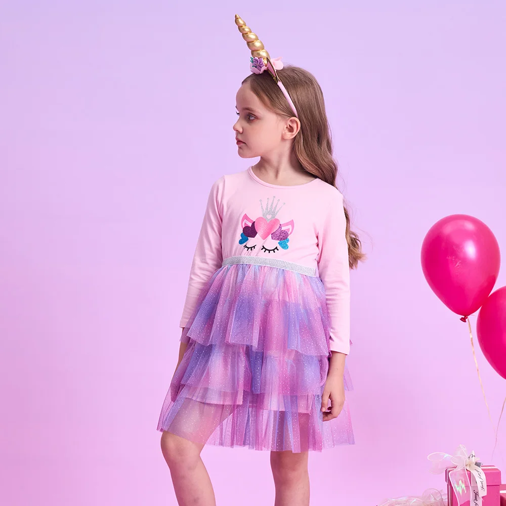 Mädchen Langarm Rosa Lila Einhorn Cartoon Kleid Kinder Farbverlauf Geschichteten Tüll Rock Glitter Krone Prinzessin Party Casual Kleid – Detail 2