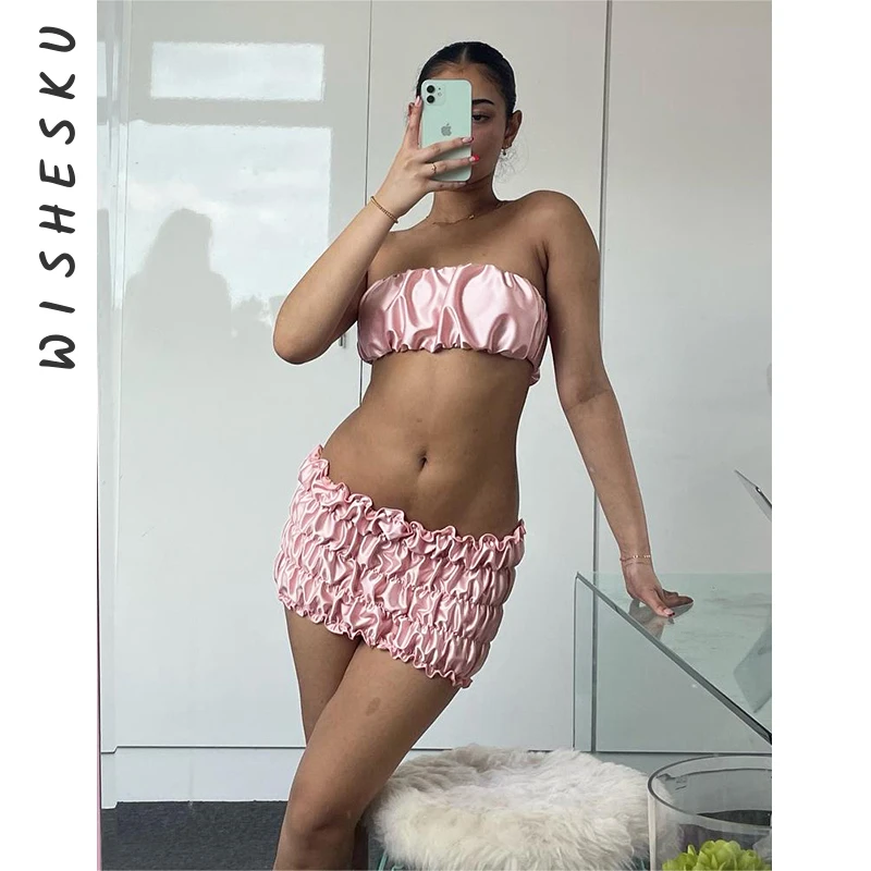 Two Piece Set Women Metallic Pink Outfits Sexy Strapless Corset Crop Top+Low Rise Mini Skirts 2024 Summer Beach Y2K Clothes