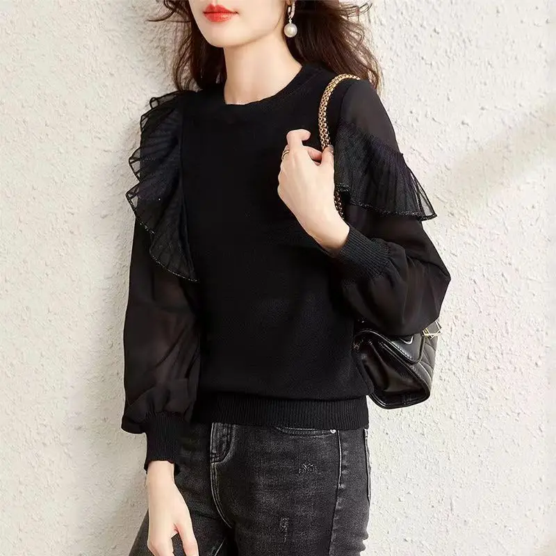 Temperament Fashion Chiffon Spliced Knitted Tops Autumn Winter Korean Elegant Long Sleeve Solid Color Pullovers Women's Clothing