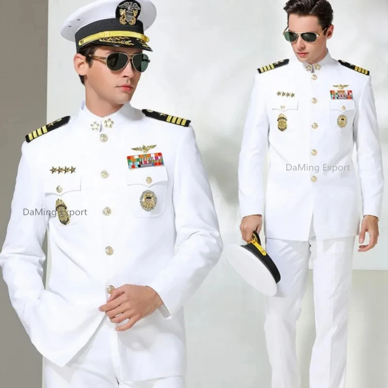 America White Sailor Uniform Set Men Wedding Annual Meeting Evening Hat Coat Pants and Accessories Navy Guard Security Work Wear