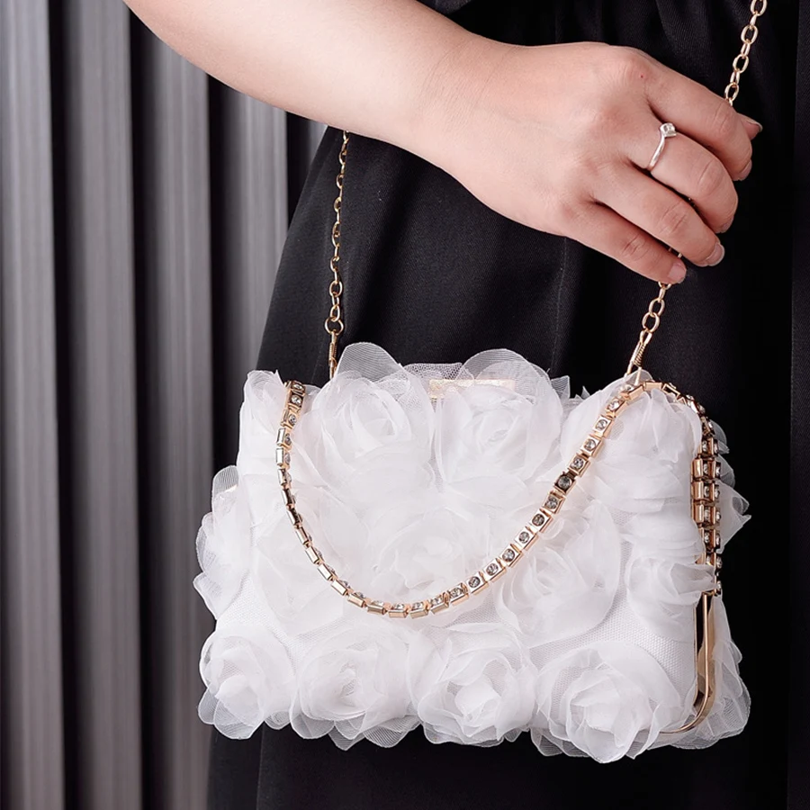 Fashion Box Chiffon Flower Dinner Clip Bag Summer Girl\'s Crystal Chains Small Square Shoulder Bag Flower Wedding Party Handbags