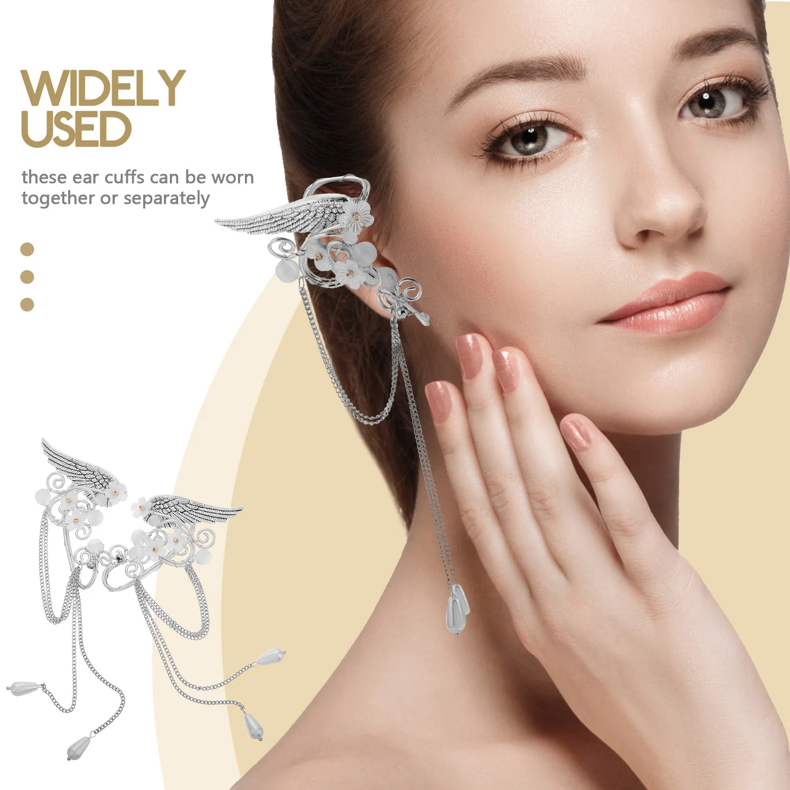 1Pair Ear Cuff Tassel Clip Non Piercing Flower Wing Elf Earrings Fantasy Jewelry for Cosplay Wedding Costume Accessories