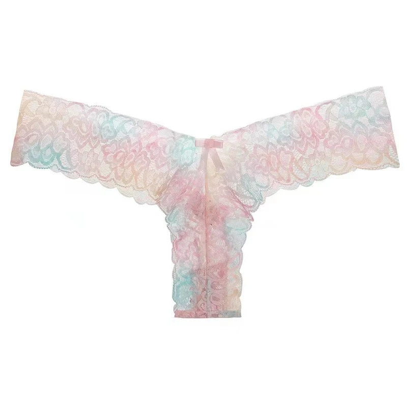 Women's Seamless Thong T-Pants Transparent Lace Low-Waist G-String Sexy Hollow out T-Back Peach Buttock One-Piece Underwear