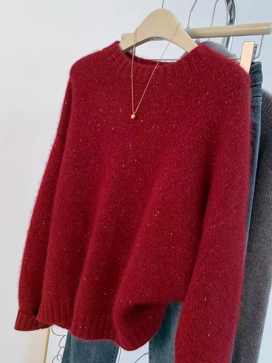 

New Golden Thread Decoration Pullover Women Knitting Merino Wool+Cotton Sweater Round Neck High quality Thicken Loose Tops