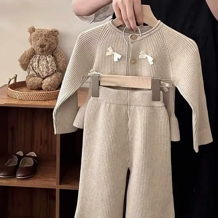 Korean Children Clothing Girls Suit Spring and Autumn New Style Fashionable Bow Lace Knitted Cardigan Long Sleeve Top Suit