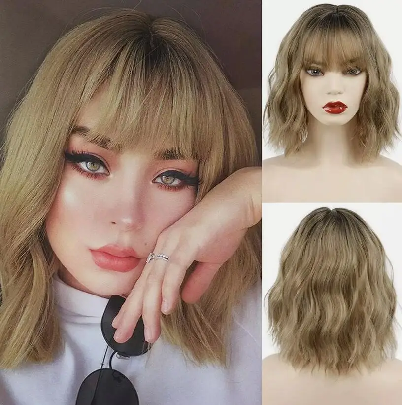 Women Ash Blonde Short Bob Wave Wigs with Bangs Dark Roots Natural Blonde Wigs