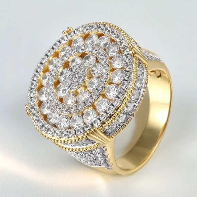 VANAXIN Round Rings for Men Big CZ Zircon Inlaid Gold Silver Color Hip Hop  Rock Fashion Wide Jewelry Gift