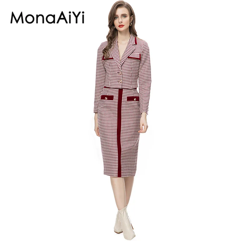 MonaAiYi High Quality Fashion Designer Women's Red Printed Check Casual Blazer+Package Hip Skirt 2pcs Set 2023 Newest