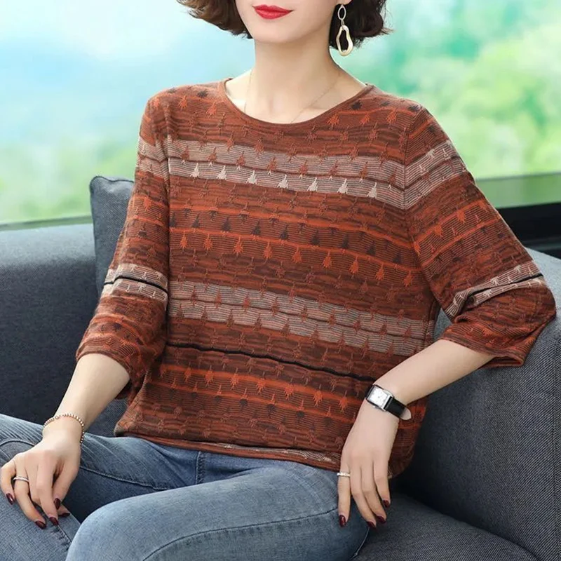 Summer Autumn Vintage Elegant Fashion Shirt Women Three-quarter Sleeve Patchwork Lady Tops Loose Casual All Match Female Clothes