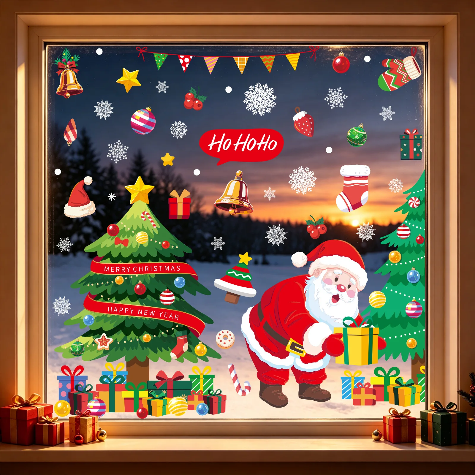 Christmas Static Glass Window Sticker, Wreath Bell Gingerbread Man Snowflake Santa Claus Window Decals, Holiday Home Party Decor