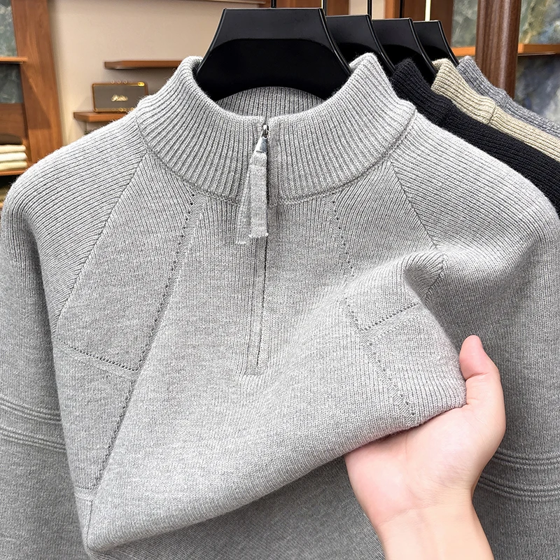 Fashion half zipper knitted sweater men high end new thicken comfort warm autumn winter half high collar casual luxury pullover