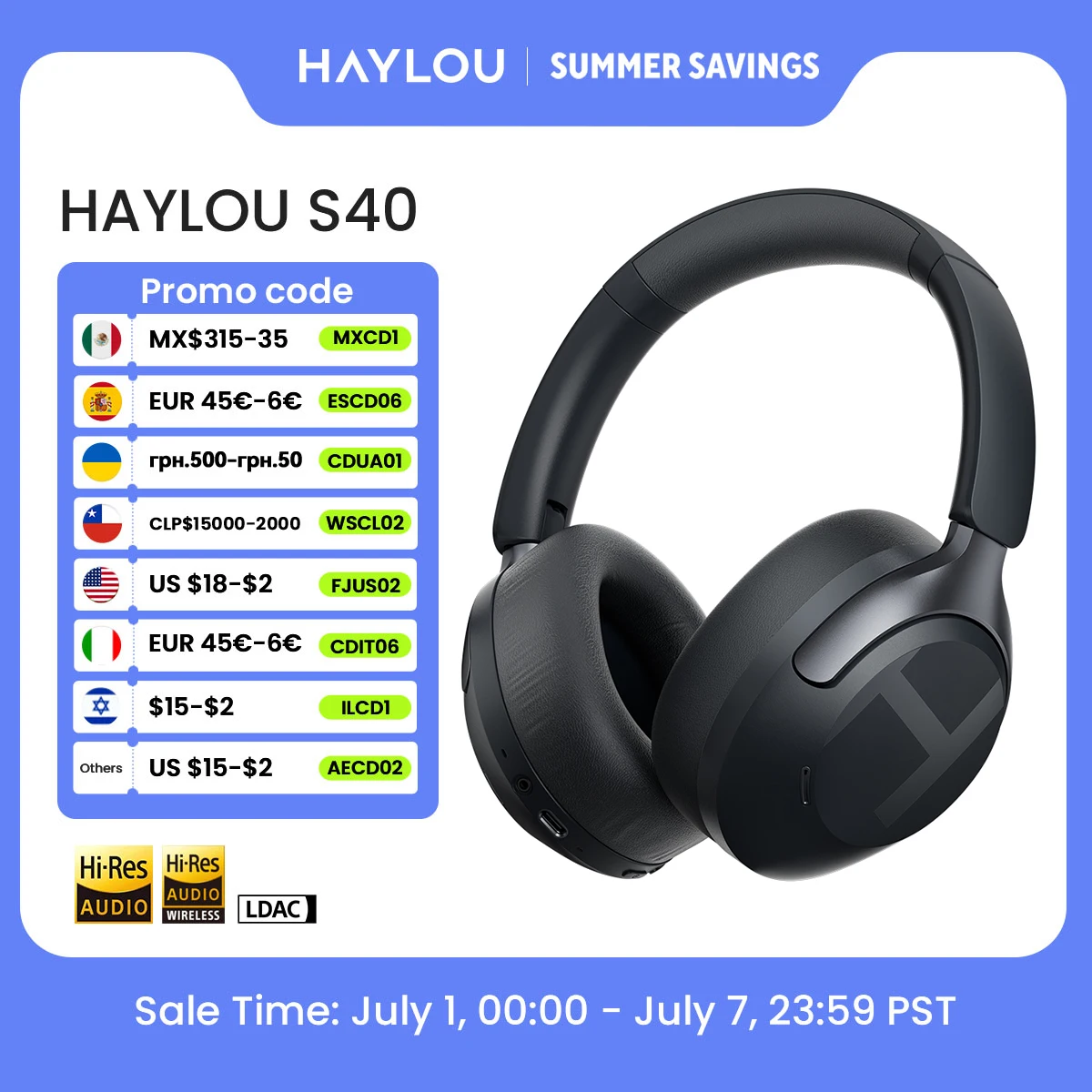 HAYLOU S40 ANC אוזניות אלחוטיות 50dB ביטול רעשים אוזניות אודיו 3D Hi-Res 3D עם אוזניות LDAC Bluetooth 6.0 Over Ear
