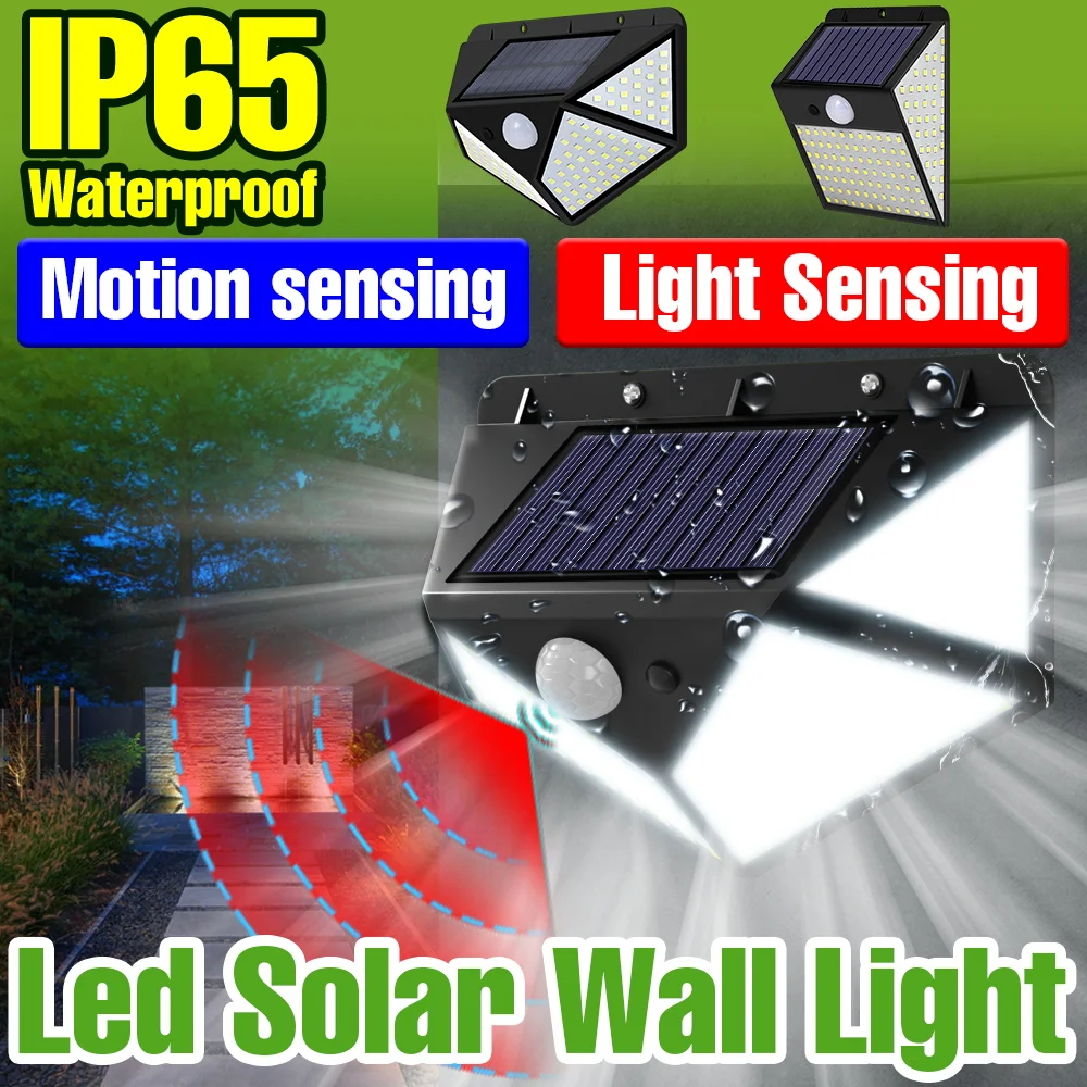 

Светодиодные солнечные настенные светильники для улицы с датчиком движения, водонепроницаемые прожекторы для двора, коридора, сада, уличного освещения