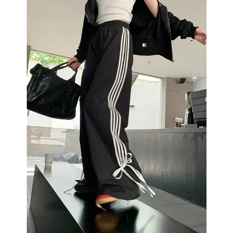 QWEEK Black Stripe Sport Sweatpants Women Autumn Oversized Baggy Harajuku Fashion Casual Joggers Pants Streetwear Korean Style