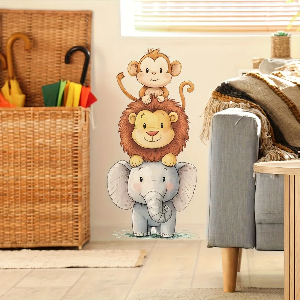 1pc  Cartoon Stacked Animal Theme Wall Decal, Self-Adhesive Decorative Sticker,Suitable for Kids Room,Bedroom,Living Room,Doors