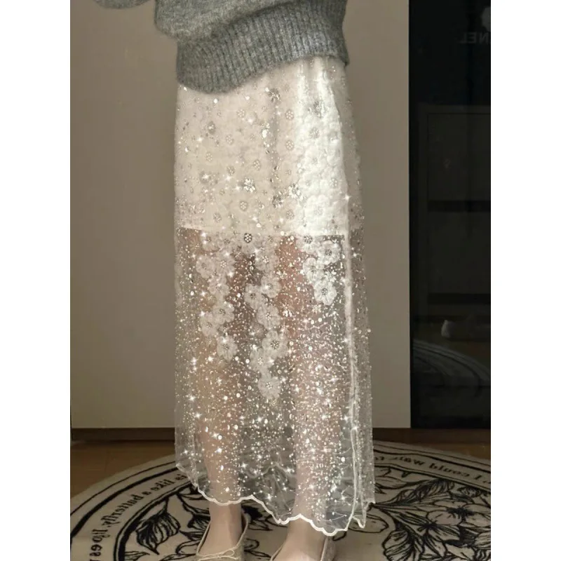 

2024 Autumn New Collection, Perspective Skirt Fashionable Pure Desire Sparkling Half Length Skirt with Gentle Style