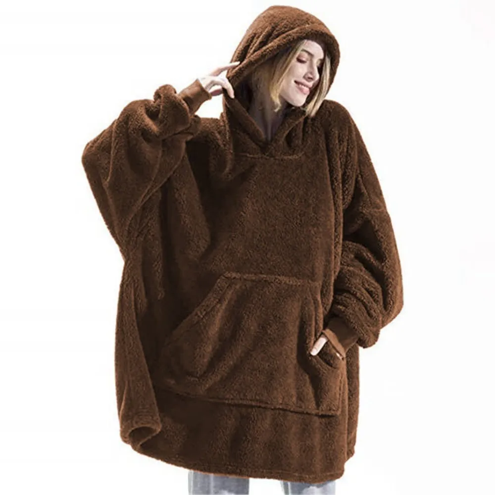 2024 Donne di Inverno Double-face Caldo Felpa Con Cappuccio Coperta Oversize Tasca Grande Caldo Coppia Felpe Allentate Donne e Uomini Veste