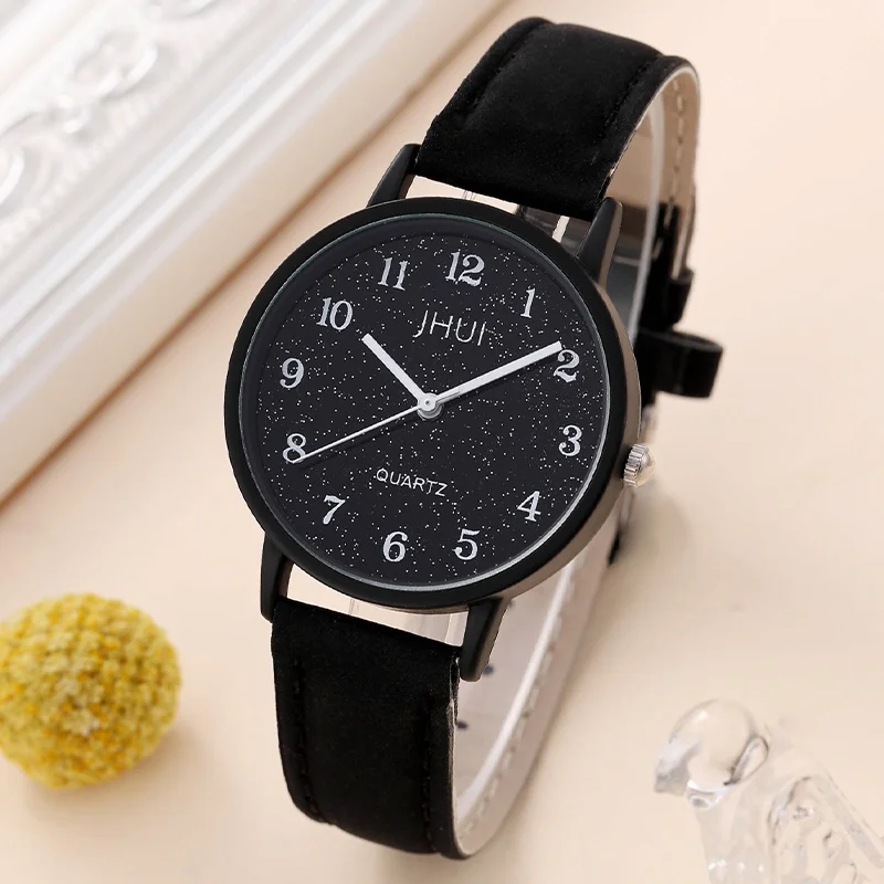 2PCS Fashion Starry Sky Women\'s Quartz Watch Leather Band Analog Wristwatches Heart Bracelet Set（Without Box