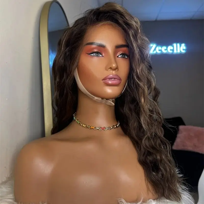Parrucche per feste quotidiane cosplay Ombre marrone scuro con strisce biondo miele Parrucca anteriore in pizzo sintetico HD Parrucche sintetiche in miscela di capelli umani