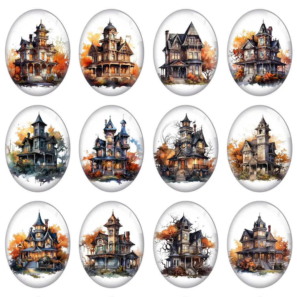 

10pcs/lot Handmade Autumn Fall Building Maple Tree Oval Photo Glass Cabochon Flatback Demo Cameo Flat Back Diy Jewelry Making