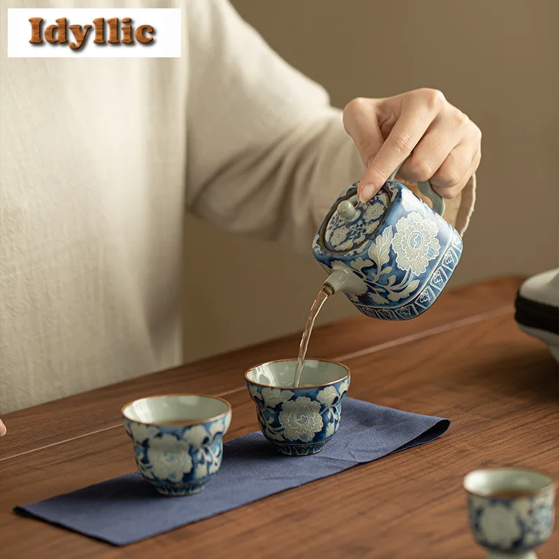 Ru Kiln Peony Yuan Blue And White Travel Tea Set Kit Zen 1 Pot 3 Cups Tea Making Organizer Portable Picnic Handbag Tea Items