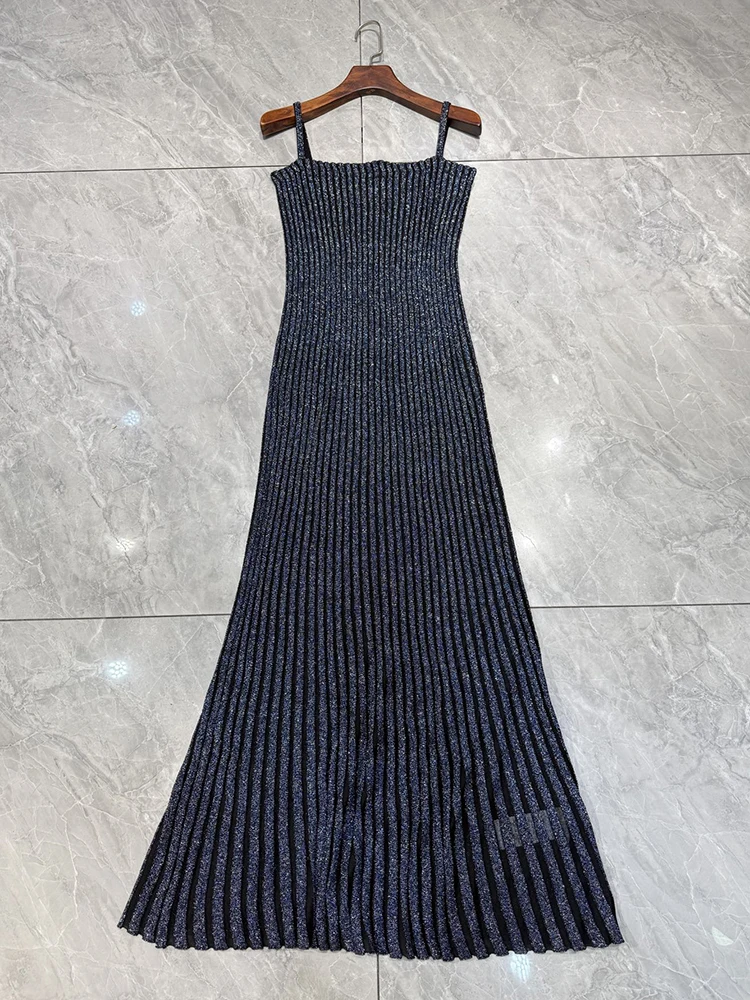 Summer Fashion Party Elegant Silver Thread Knitting Fishtail Long Dress Women's Sexy Spaghetti Strap Slim Buttock Covering Dress