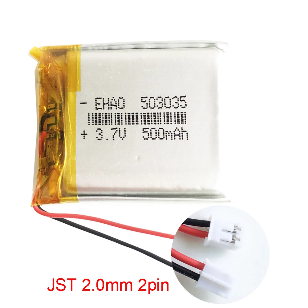 3.7V 500mAh Lithium Polymer LiPo Rechargeable Battery 503035 + JST PH 2.0mm 2Pin Connector For GPS Bluetooth Electronic Part