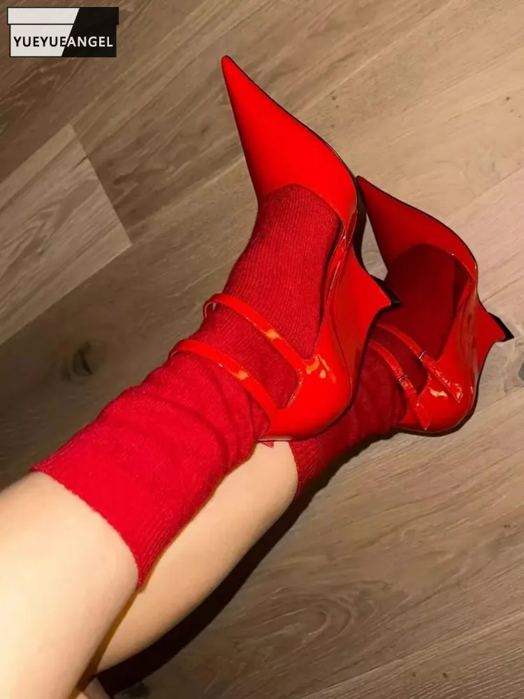 Sexy Women Red Pointed Toe High Heels Wedges Sandals Split Leather Ankle Strap Shoes Runway New Designer Summer Party Sandals