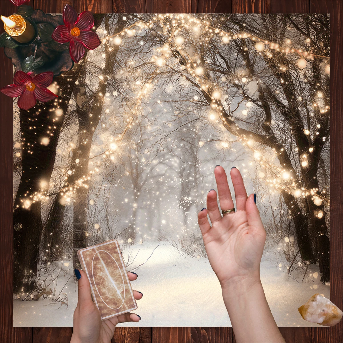 50/75/110/137cm Dreamy Snowy Forest Fairy Lights Altar Cloth Crystal Clear Snowflakes Decor Tarot Card Tablecloth Mystical Mat