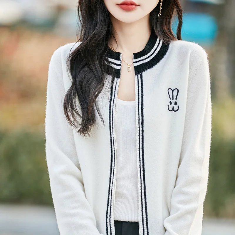 

Fashion 100% Merino Wool Fashion Women Zipper O-Neck Cardigan Cashmere Long Sleeves Clothing Comfort Solid Color Warm Top Casual