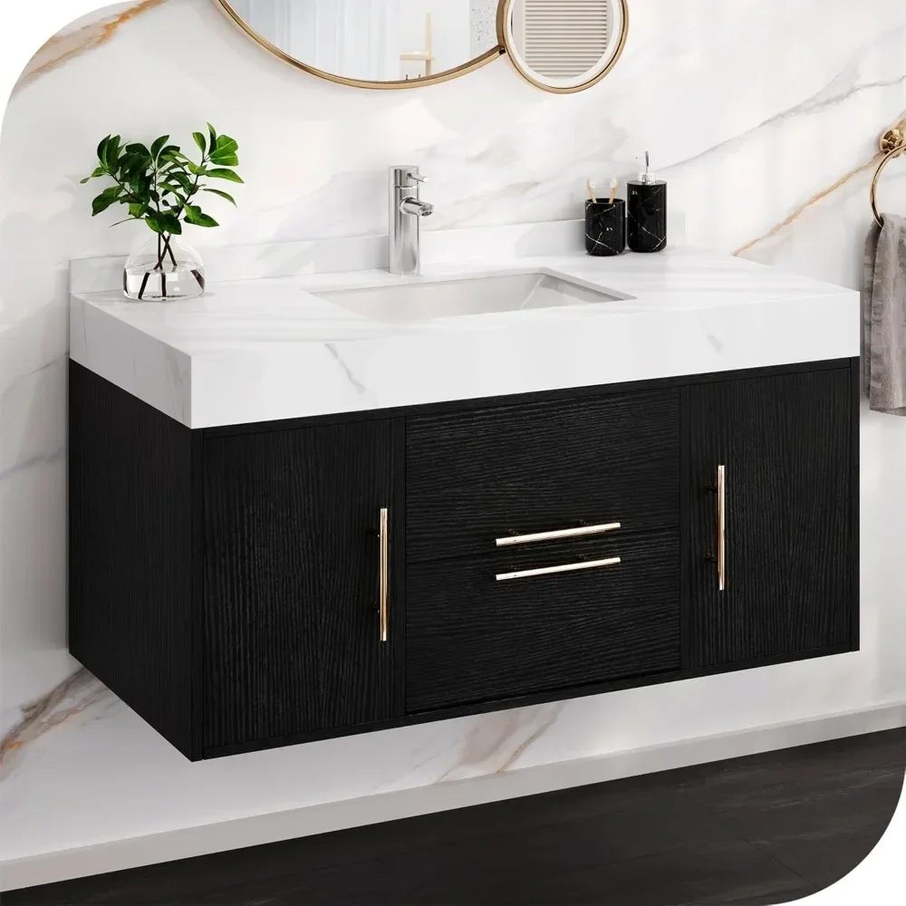 Bathroom Dresser, 40 Inch Black Floating Bathrooms Vanity, With 2 Drawers & 2 Storage Cabinets,Bathroom vanity cabinet