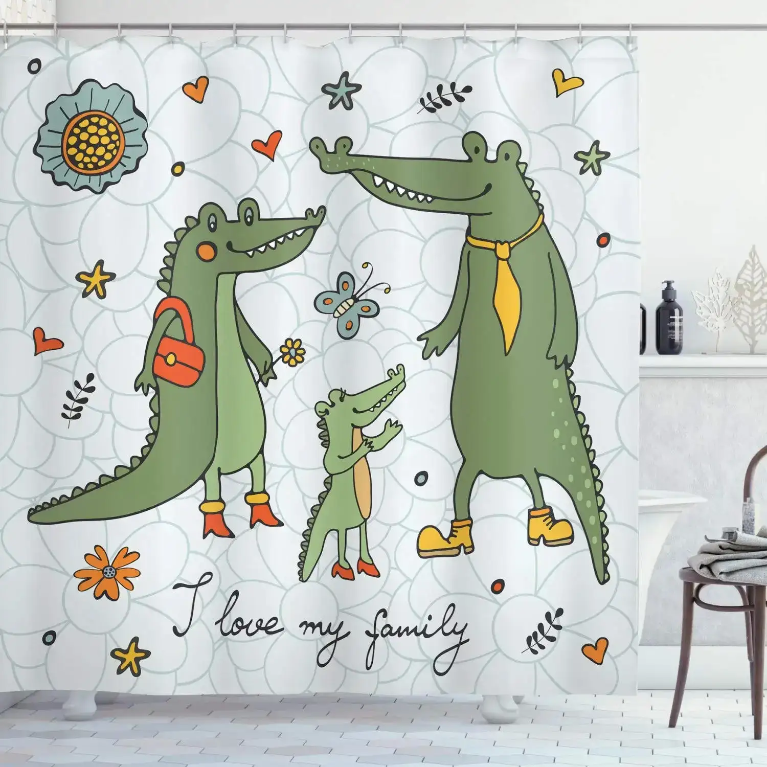 Cartoon Style Animal Shower Curtain Funny Crocodile Kids Shower Curtain Waterproof Fabric Bathroom Decor Screen with Hooks