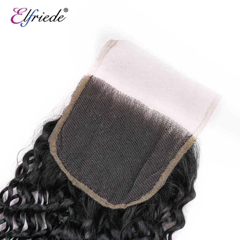 ElfriKawasaki-Green Kinky Curly Hair Bundles com Fechamento, Weave Wefts, 100% Cabelo Humano, 4x4, 3 Pacotes com Fechamento de Renda, # T1B