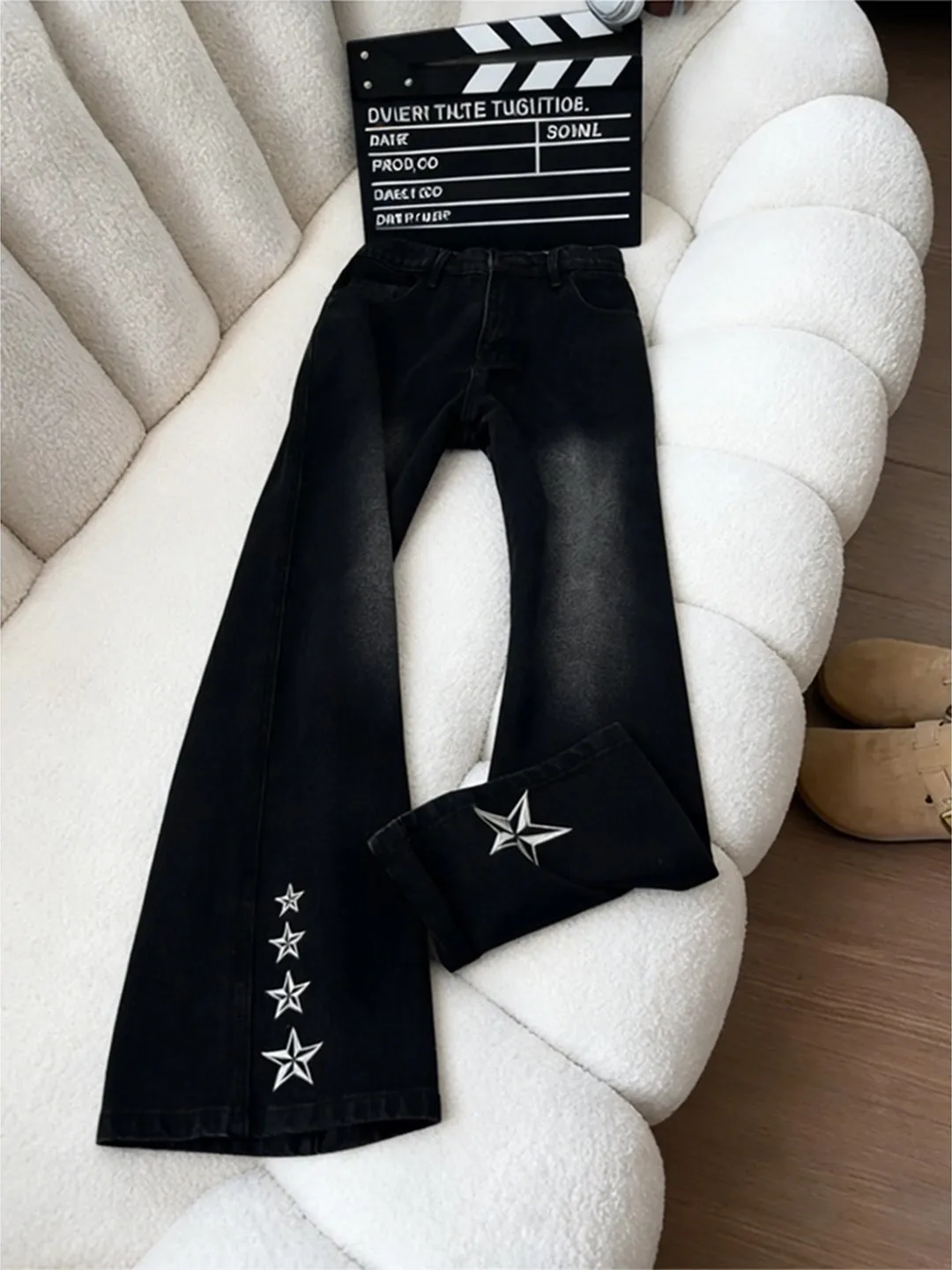 

Men's Star Embroidery Flared Jeans High Street Design Slimming Straight Leg Lengthening Knife Pants mid Waist Zipper Fly