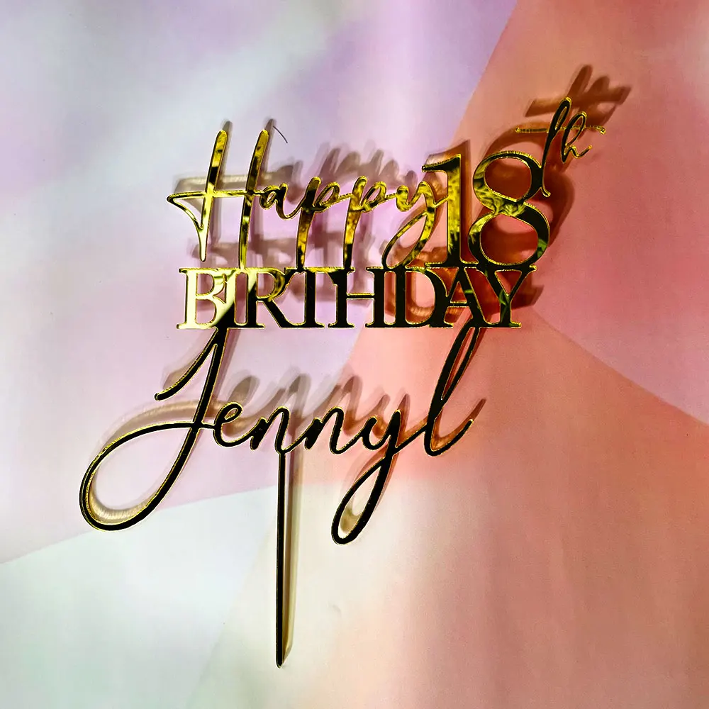 Personalized Happy Birthday Cake Topper Name + Age Cake Topper for Birthday Custom Mirror Gold Cake Toppers Rustic