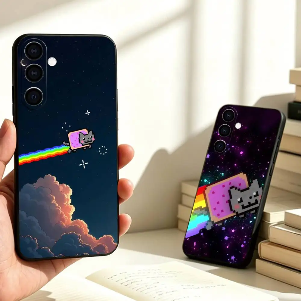 C-Cute Nyan Cat Phone Case Black Silicone Soft For Samsung Galaxy A73,A72,A71,A70,A53,A52,A51 Gift