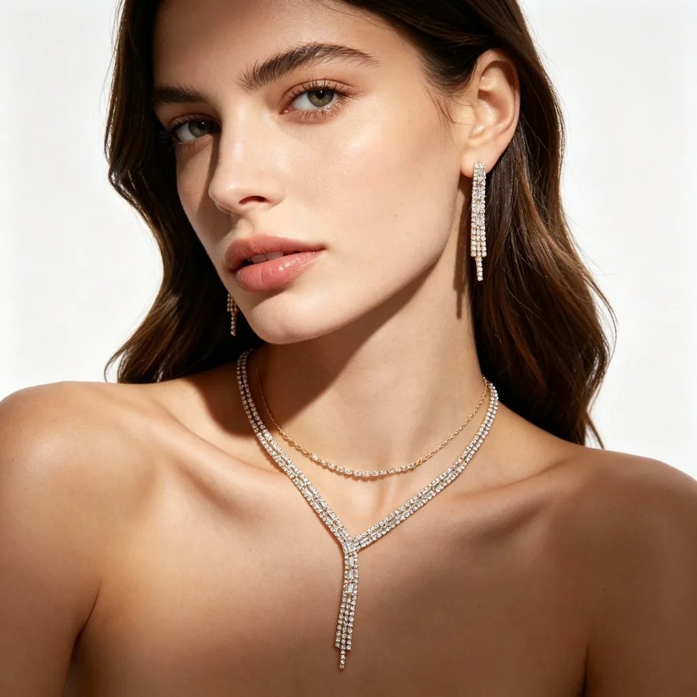 Elegant Y-Shaped Tassel Jewelry Set Retro Rhinestone Necklace and Dangling Earrings Luxurious Exquisite Necklace Earrings Set