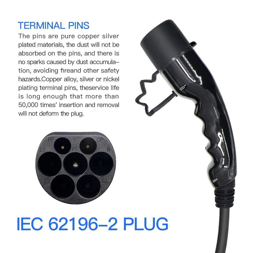 EV Charging Cable 32A 22KW 3 Phase Electric Vehicle Cord 5M Type 2 IEC 62196 EVSE Public Charging Station Female to Male Plug