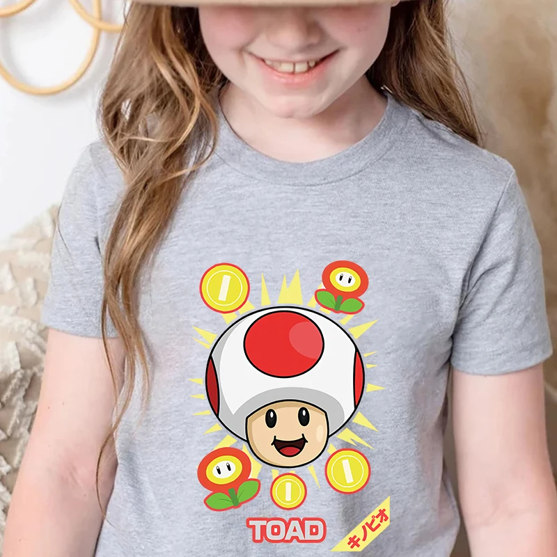 Mario Printed Kids T-shirt Summer Children's Cotton Short Sleeve Gray Casual Top Suitable for Boys and Girls