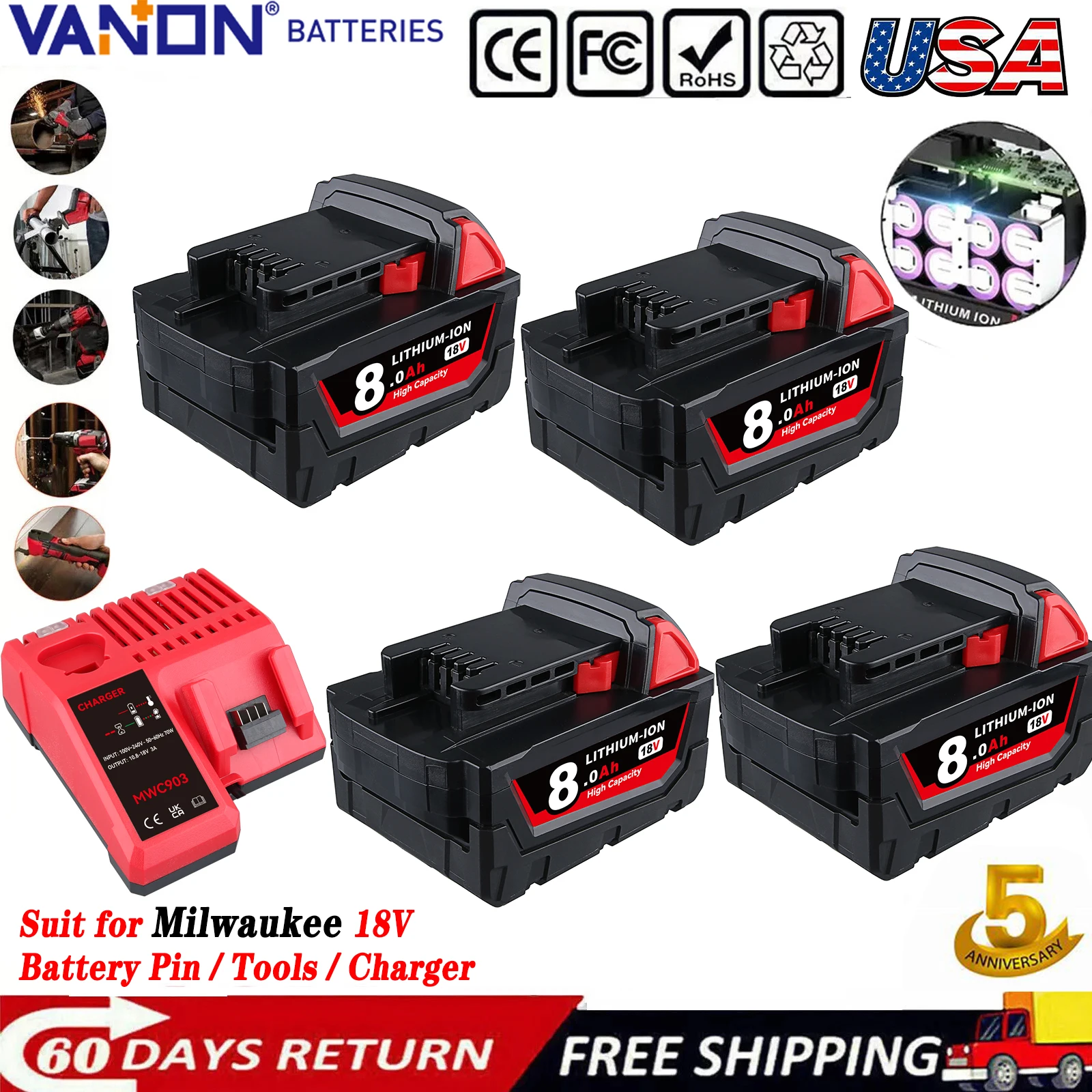 

Литий-ионный аккумулятор VANON 1/2/4 шт., 8,0 Ач M18, замена для Milwaukee 18 В 48-11-1812 48-11-1820, штифт для аккумулятора и зарядное устройство 3A 12-18 В M12-18C