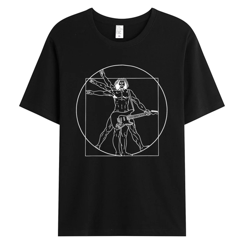 

Rock N Roll Band Guitar Da Vinci Vitruvian Man T Shirt Guitar's Player Musicians Gift Mens 100% Cotton Graphic T-Shirt Black