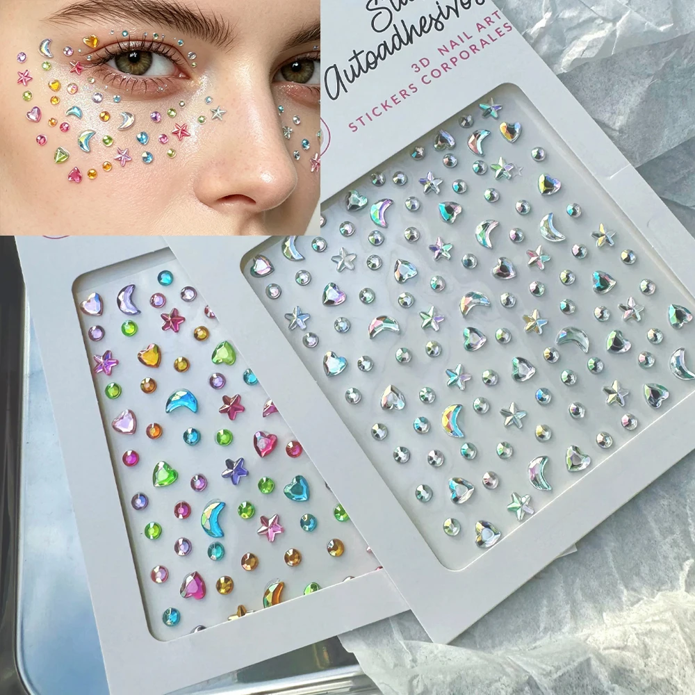 3D Holographic Face Gem Stickers Colourful Crystal Star Moon Heart Diamond Self-Adhesive Hair Eyes Face Body Jewels Makeup Decor