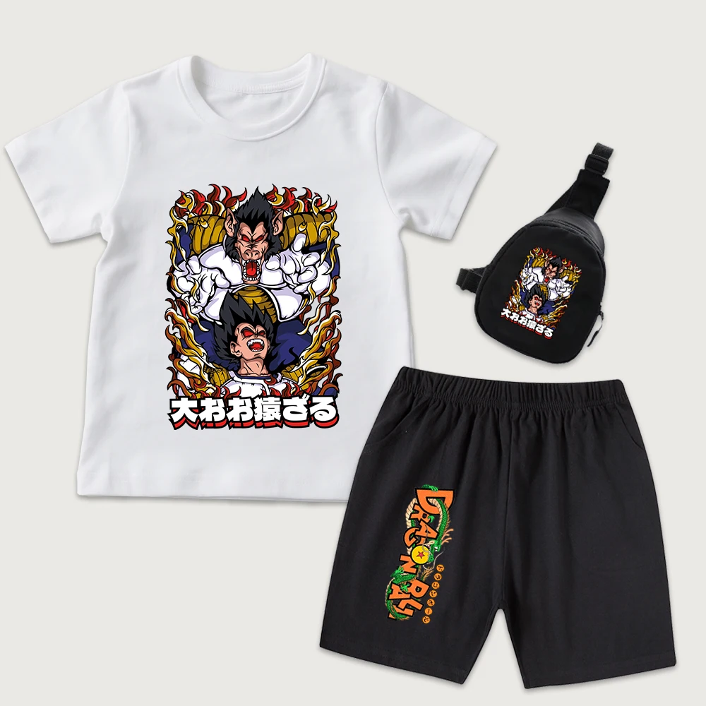 Dbz Vegeta x Great Ape Anime Print Kids Cotton T Shirt Shorts Mini Chest Bag 3Pcs Set for Boys Girls Casual Summer Outfit
