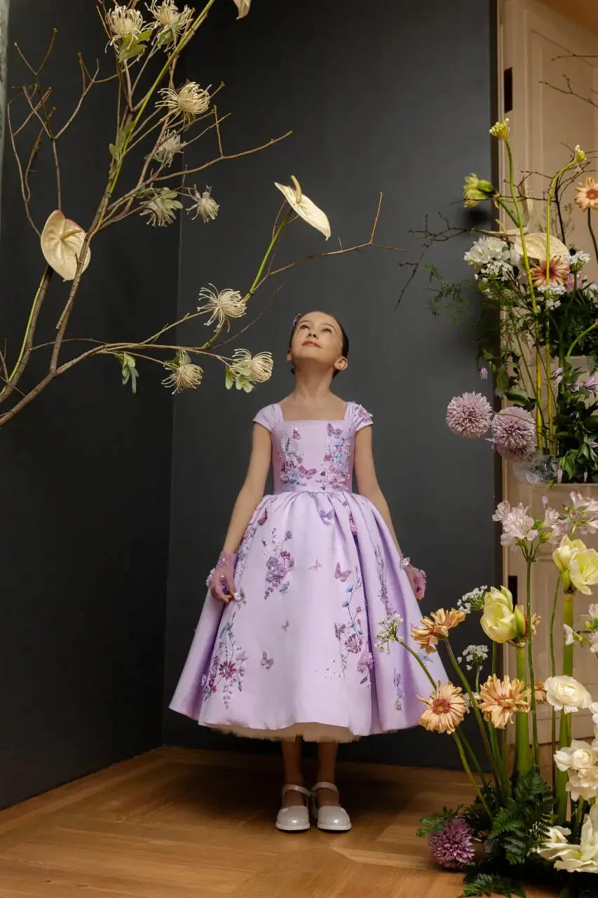 فستان أنيق لفتاة الزهور لحفلات الزفاف مزين بياقة مربعة مطرز بالخرز وحفلات أعياد الميلاد الأولى حسب الطلب