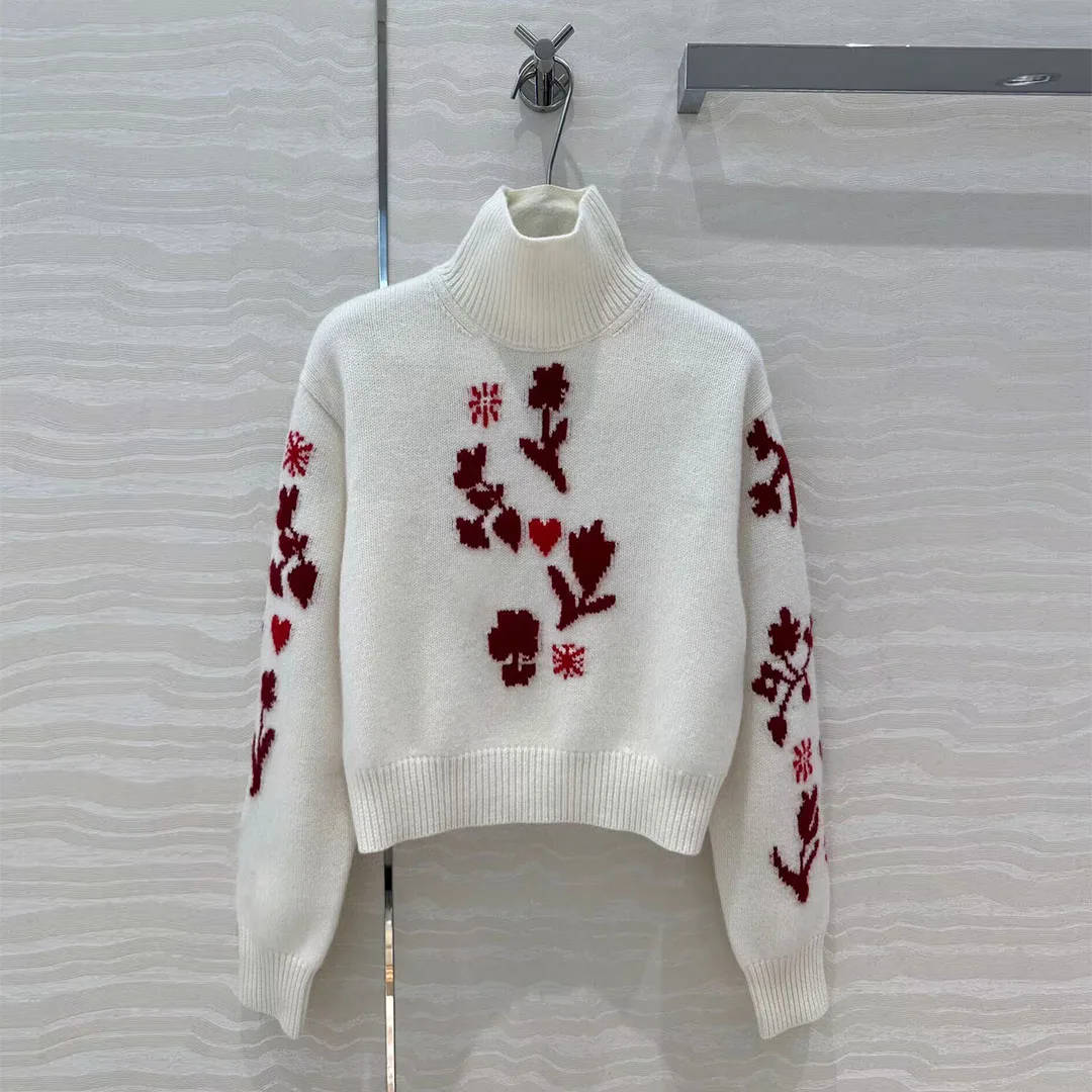 Top Quality Cashmere Silk Knitted Pullover Women Half Turtleneck Long Sleeve Fashion Floral Jacquard Casual Sweater Sweet Jumper